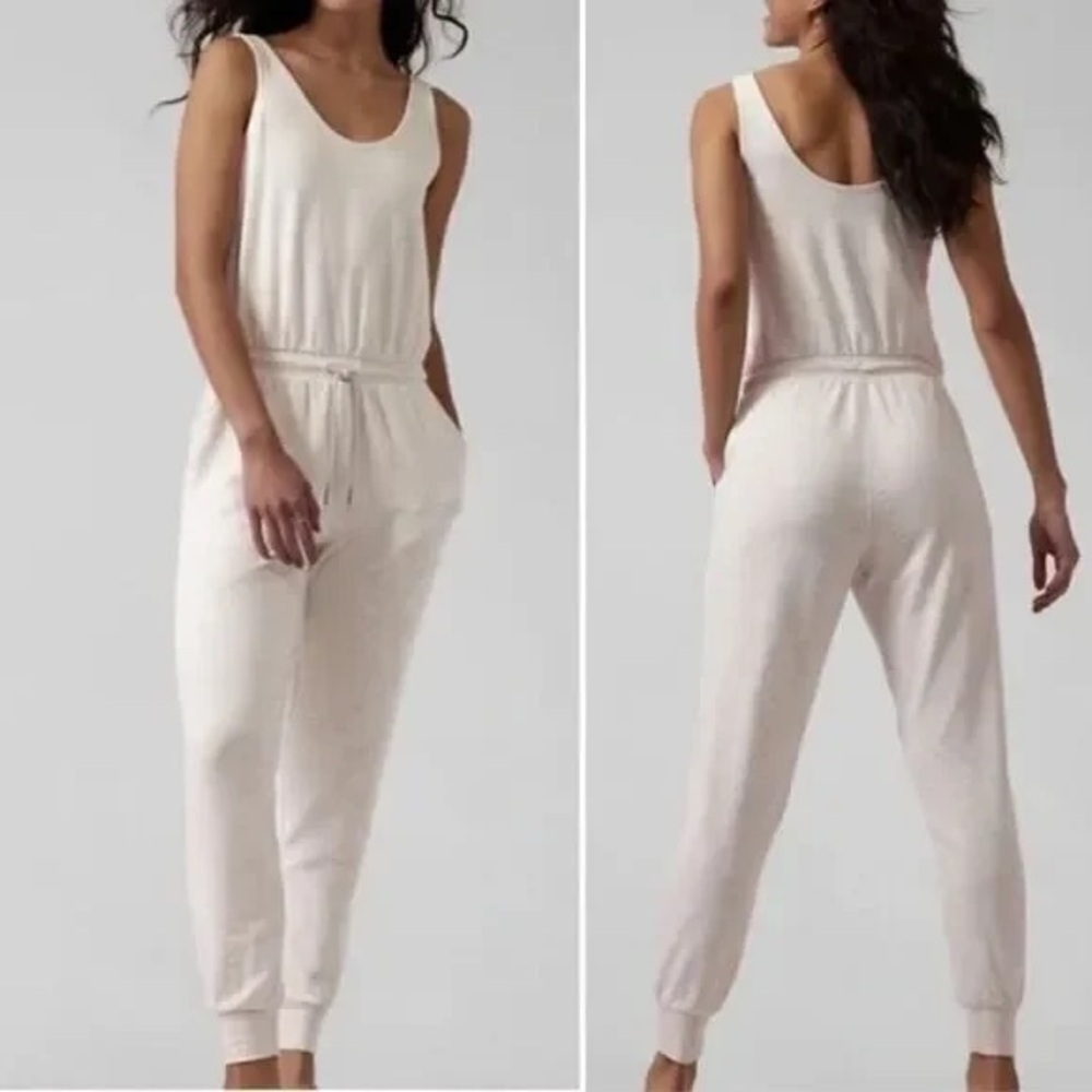 Athleta Balance Waist Tie Jumpsuit Cream Sandstone beige modal drawstring